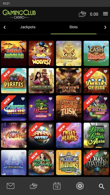 Gaming Club app slots and jackpots tab